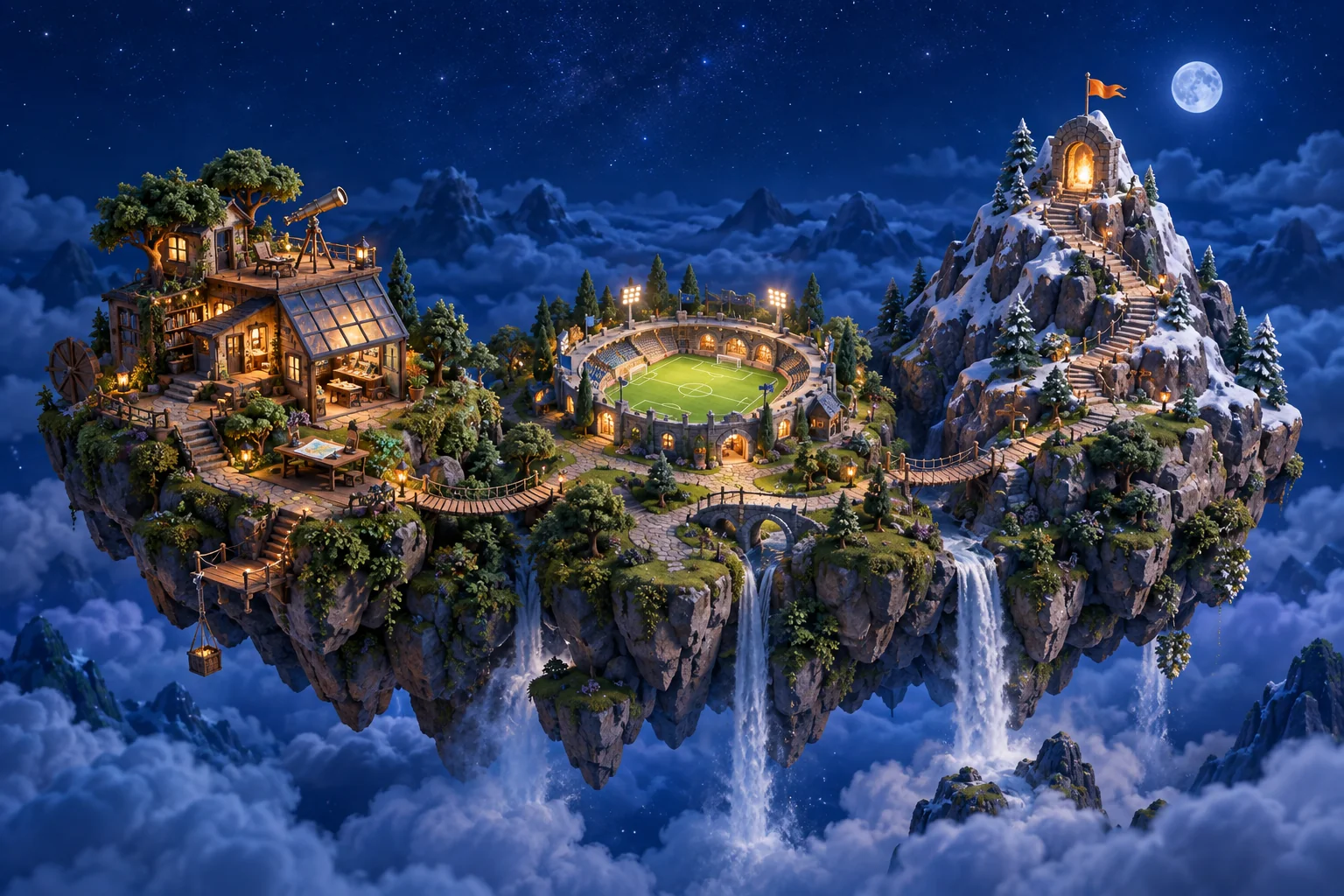 An imagined miniature island connecting a creative workshop, football ground, and mountain adventure outpost.